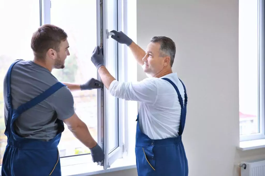Fensterbauer justieren das neue Fenster