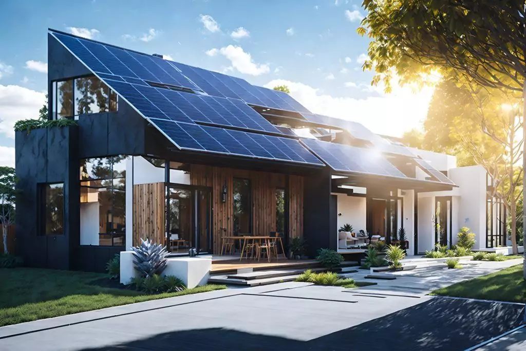 Modernes, energieeffizientes Haus mit großer Photovoltaikfläche